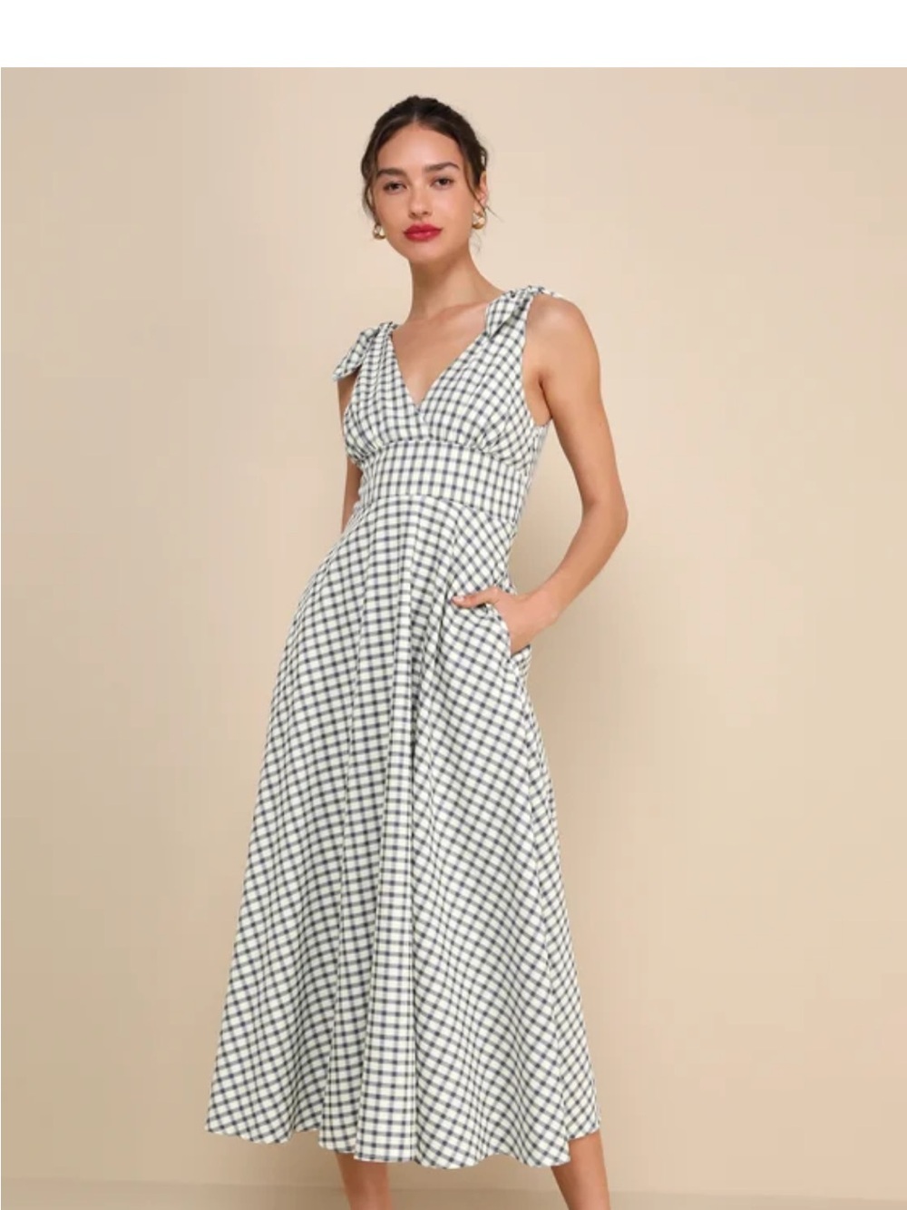 Lulu's Black and White Gingham Tie-Shoulder Maxi Dress